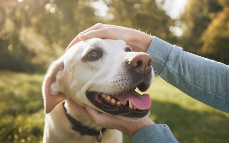 A light-colored dog enjoying gentle petting from its owner in a sunny outdoor setting, illustrating calm connection and everyday dog care.