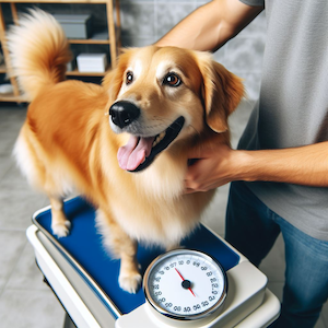 A golden-colored dog stands on a blue scale while a person gently supports them, with the analog dial showing a weight of around 55 pounds during a routine health check.