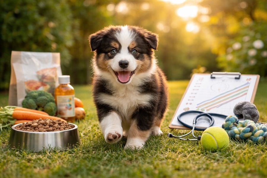 Puppy walking on grass surrounded by dog food, fresh vegetables, supplements, toys, and a growth chart, representing balanced puppy health, nutrition, and development.