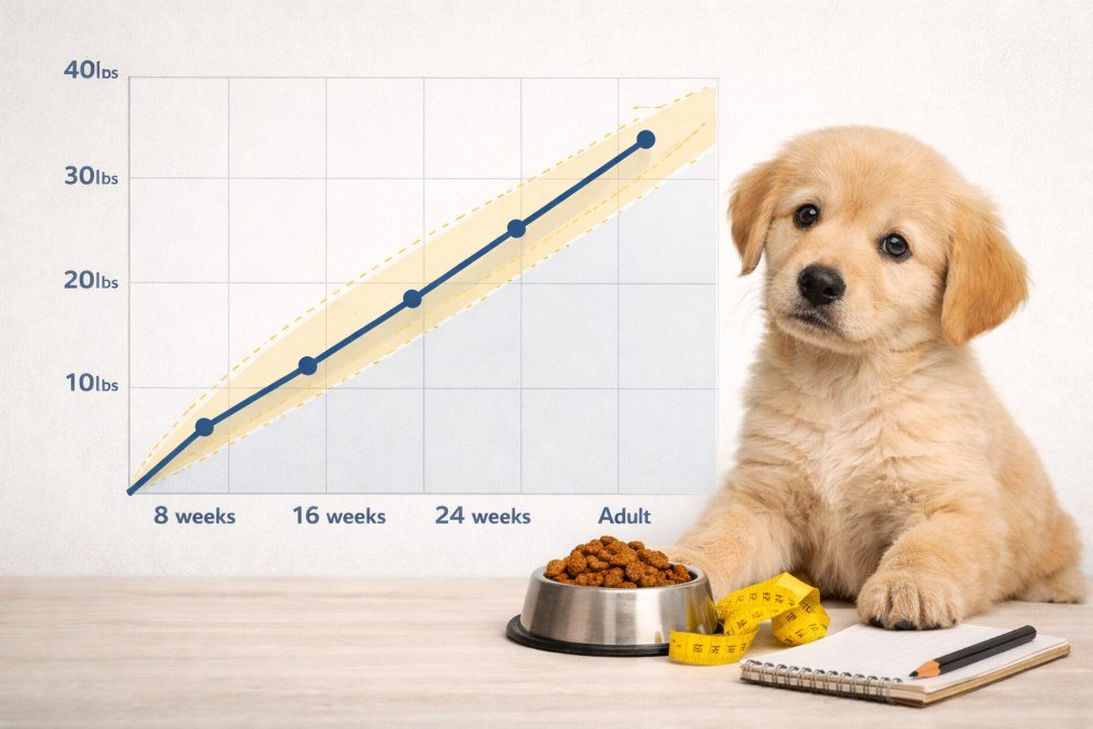 Puppy sitting beside a bowl of food, measuring tape, and a growth chart showing weight by age, illustrating how a puppy weight calculator tracks healthy development.