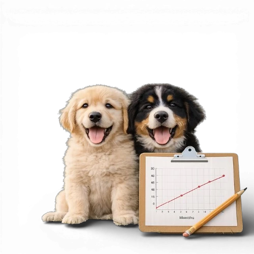 Two puppies beside a clipboard showing a puppy weight chart and growth graph