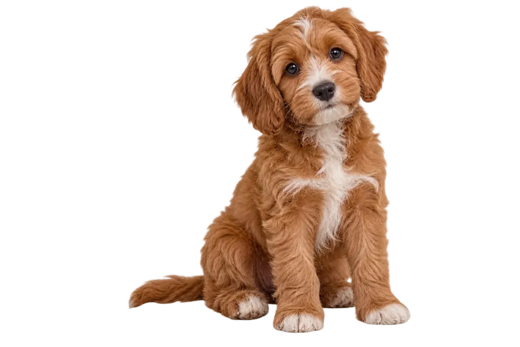 Cute female puppy sitting with her head tilted inquisitively.