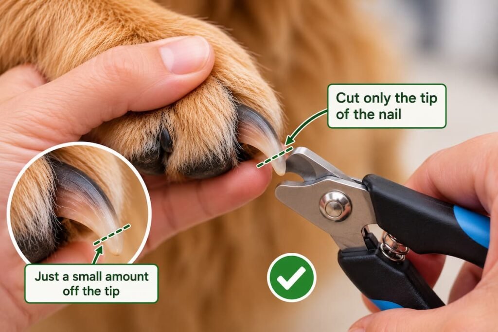 Trimming dog nails safely by clipping only a small amount from the tip of the nail.