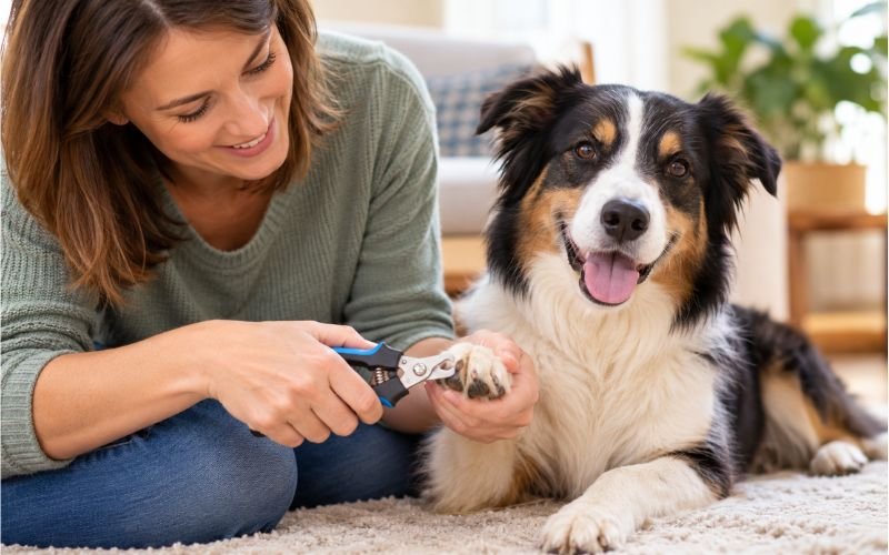 Woman carefully trimming her dog’s nails at home. For the card:
