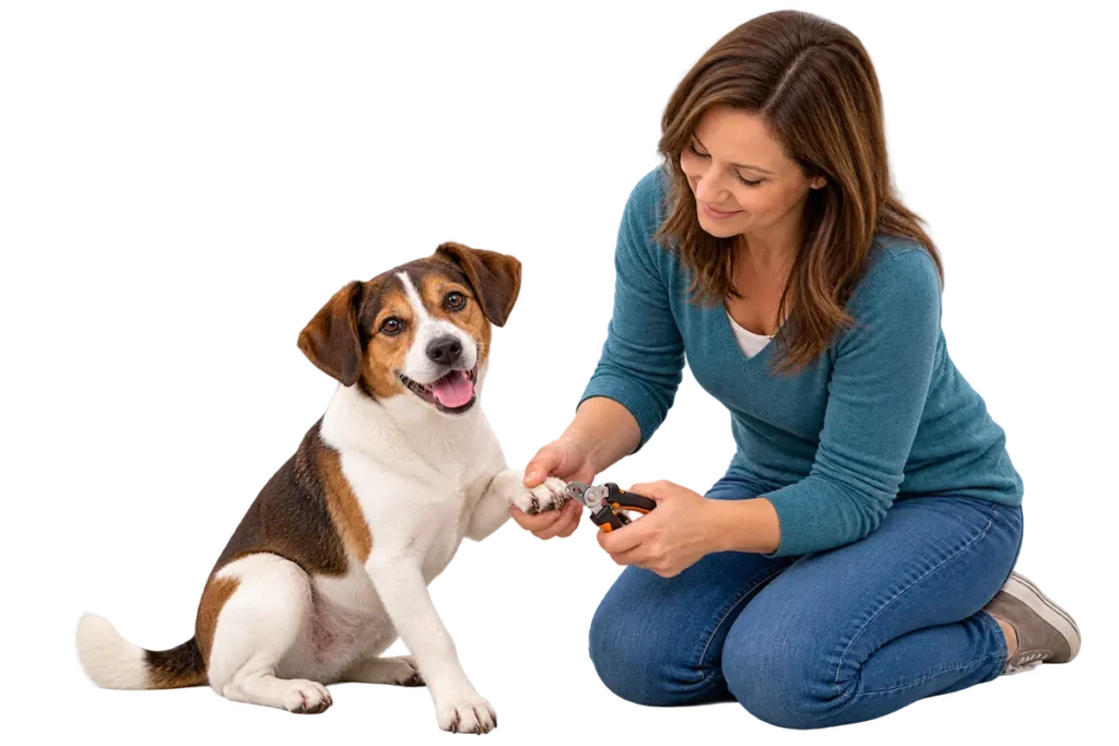 Trimming dog nails safely with pet nail clippers.
